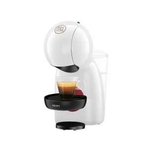 Krups Dolce Gusto Piccolo XS Coffee Machine in white with a coffee cup on a black drip tray, featuring a sleek design.