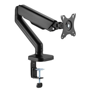 Black Superior Universal Tabletop Monitor Stand - SUPSPC003 with adjustable arm, mounted on a desk clamp.