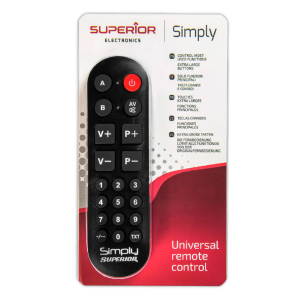 Superior Simply Number Universal Remote Control - SUPTLB002 with large buttons on a white background, showcasing its user-...