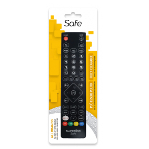Superior Slim Safe 2in1 Cleanable Programmable Remote Control with black buttons and colorful function keys on a white bac...