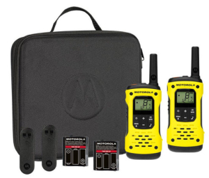 Motorola TALKABOUT T92 Waterproof Walkie Talkies in yellow with accessories in a black case, showcasing IP67 rating features.