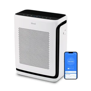 Levoit Vital 200S Smart Air Purifier in white with black accents, shown from the front, next to a smartphone app display.