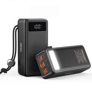 Veger 56000mAh 130W Camping Power Bank with LED Flashlight, black with orange accents, digital display, and multiple ports.