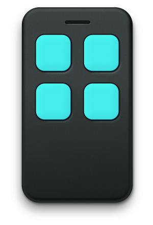 Black Superior Electronics Garage / Gate Universal Remote Fixed RF - MULTIFIX with four turquoise buttons, front view.