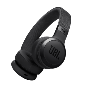 JBL Live 670 Wireless Headphones in black, showcasing a sleek design and fabric ear cushions, angled to highlight details.
