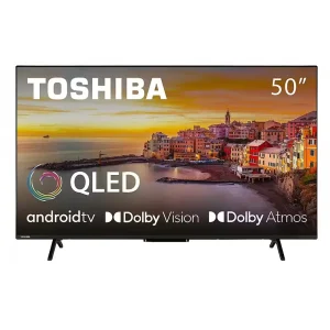 Toshiba 50" QLED 4K Android TV Dolby Vision HDR - 50QA2363DG with a vibrant coastal sunset background and sleek design.