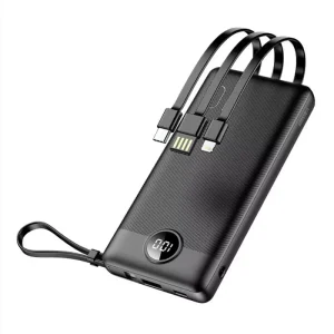 Veger 10,000mAh Power Bank C10 in black with built-in cables and digital display on a white background.
