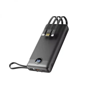 VEGER 20000mAh Power Bank with built-in cables, LED display, sleek black design, and compact form.