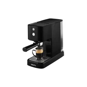 Krups Espresso Compact Coffee Machine - XP341010PL3 in black with a coffee cup, showcasing sleek design and modern features.