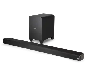 POLK Dolby Atmos 3.1.2 Soundbar with Wireless Subwoofer - SIGNAS4, shown at an angle with a black finish on a plain backgr...