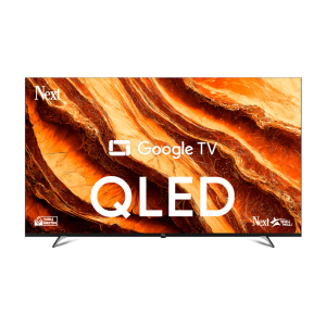 Next 65" QLED UHD 4K Google TV displaying vibrant orange and brown abstract design, with sleek black frame and stand.