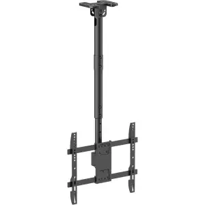 Full motion ceiling mount for TVs, black metal construction, adjustable arm, showing mounting plate and brackets.