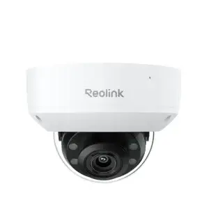 Reolink 4K IK10 Vandal-Proof PoE Dome Camera with 5X Optical Zoom, featuring a sleek white design and black lens.