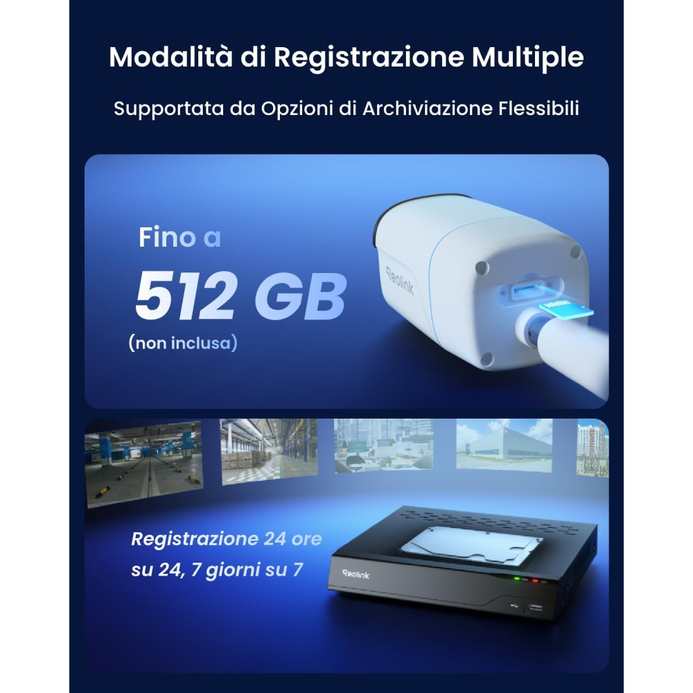 Reolink Pro 4K Ultra HD PoE Bullet Camera with flexible storage options displayed on a sleek blue background.