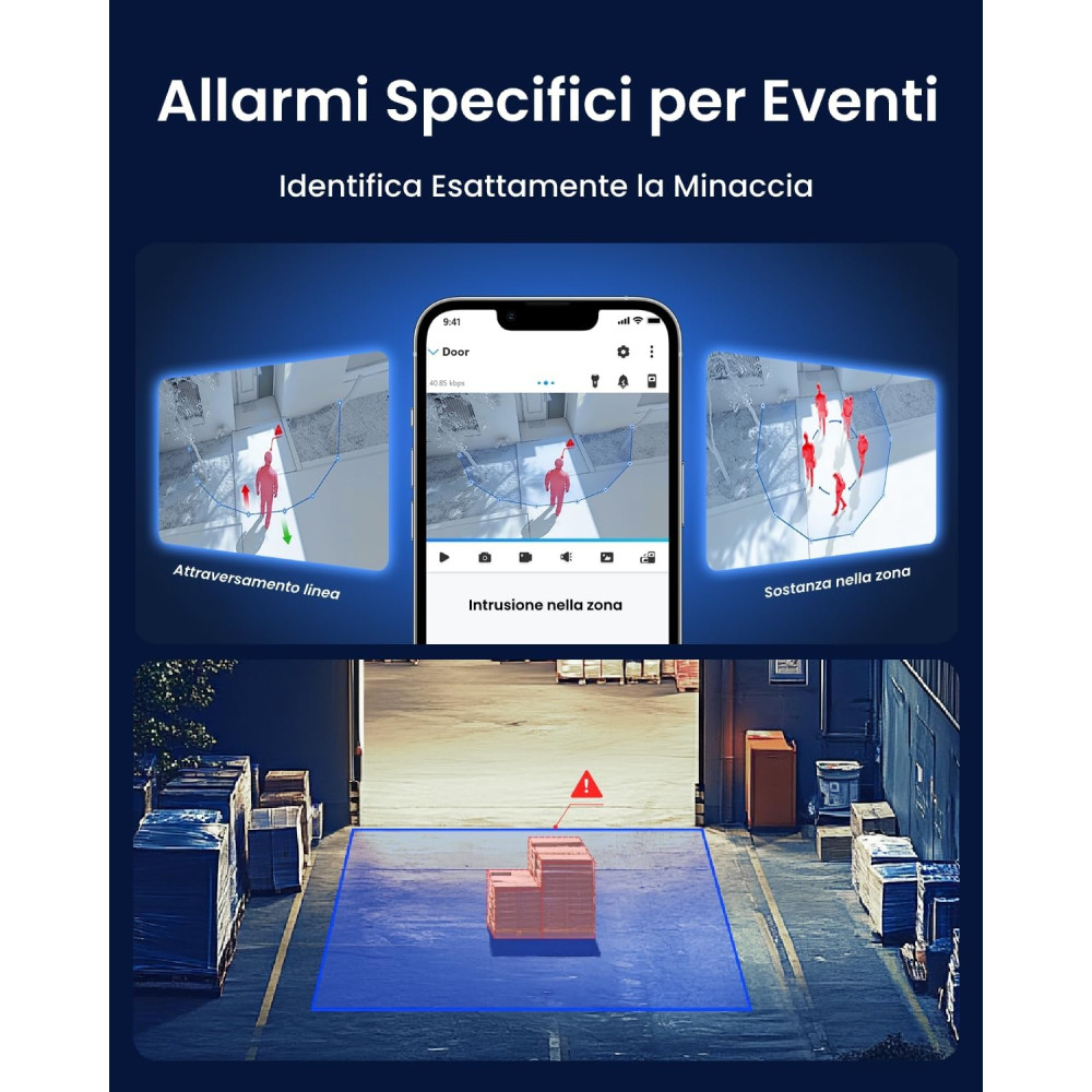 Image shows a smartphone displaying security alerts with illustrations of detected motion. Dark blue background. Alt text:...