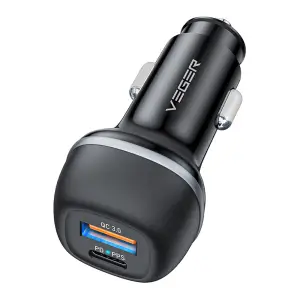 Veger Fast Car Charger 51W, black with dual USB and Type-C ports, angled view showcasing QC 3.0 and PD features.