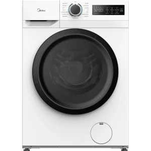 Midea 8kg Front Loading Washing Machine MF110W80BA10 in white with a black door, front view, sleek design, modern controls.