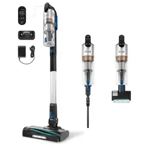 Levoit Powerful Cordless Stick Vacuum – LVAC300 with charging dock, tools, and transparent dust container on a white bac...