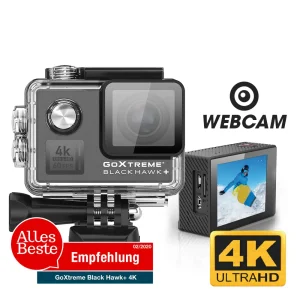 GoXtreme Black Hawk+ 4K Action Camera in waterproof housing, showcasing a clear lens, screen, and branding on a white back...