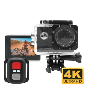 GoXtreme Enduro Black 4K Action Camera with remote, showing a rear LCD screen and protective casing.