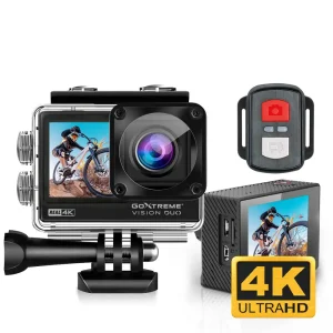 GoXtreme Vision DUO 4K Action Camera with dual display, remote control, and 4K Ultra HD label on a white background.
