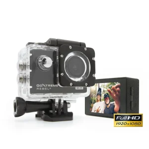 GoXtreme Full HD Action Cam Rebel+ in clear casing with LCD screen, mounted, showcasing WiFi feature and 1920x1080 resolut...