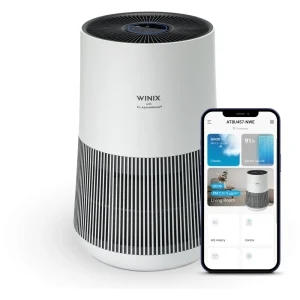WINIX T500 WIFI Air Purifier in white with a sleek design, shown alongside a mobile app interface for control and monitoring.