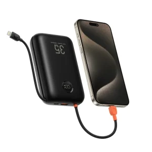 Veger 30000mAh Power Bank with LED Display charging a smartphone; sleek black design, visible power percentage, and USB ca...