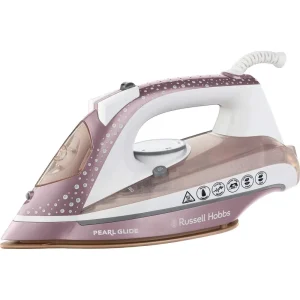 Russell Hobbs Pearl Glide Steam Iron - 23972 in pink and white, angled view showcasing the design and controls.