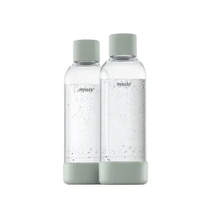 Two Mysoda 1 Litre Reusable Water Bottles in grey, featuring a clear body and light grey caps, on a white background.