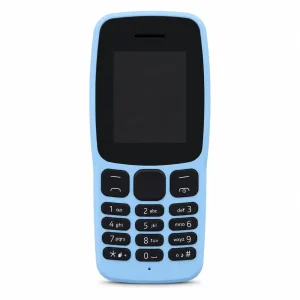 Nokia 106 Mobile Phone in light blue color, front view showing keypad and screen, simple design, no background distractions.