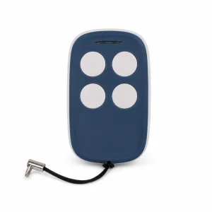 Blue Superior Electronics Quick-4in1 Multi-Frequency Remote Control with four buttons and a keychain attachment on a white...