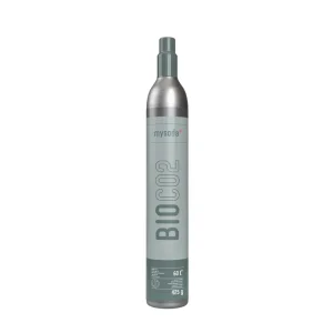 Mysoda Bio-CO2 Cylinder for Sparkling Water Makers in silver and light green, standing upright with a clean white background.