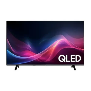Rossier 65" QLED Smart TV 4K Ultra HD with vibrant colorful waves on screen, black frame, and sleek stand.