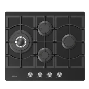 Midea 60cm Built-In Gas Hob with 4 Burners, featuring a sleek black finish and stainless steel knobs.