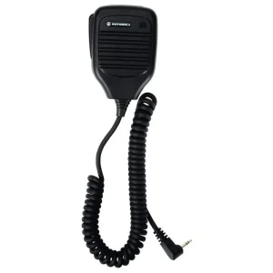 Motorola Single Pin Shoulder Mic for Talkabout Two Way Radios, black, with coiled cable, on a white background.