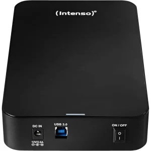 Intenso 4TB Memory Center External Hard Drive in sleek black, showing USB 3.2 port and power connections on back.
