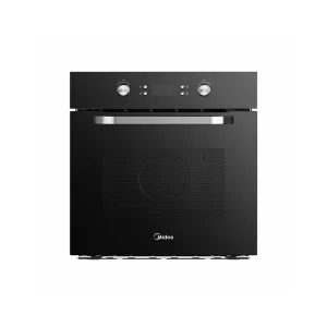 Midea 65L Built-in Multifunction Oven in sleek black with two control knobs and a stainless steel handle, front view.