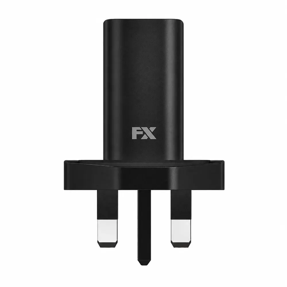 Black FX Dual USB Mains Charger 20W USB-A & USB-C PD, featuring three prongs and a sleek design on a white background.