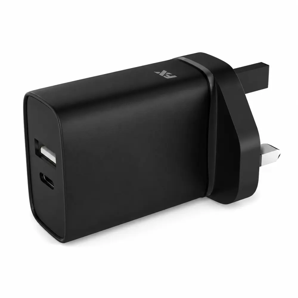 FX Dual USB Mains Charger 20W USB-A & USB-C PD in black, angled view with a white background, showing dual ports.