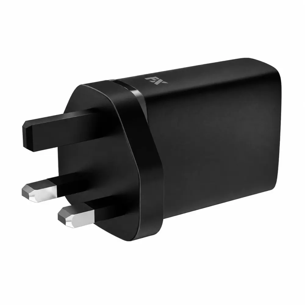 FX Dual USB Mains Charger 20W USB-A & USB-C PD Black - FXMC01 shown at an angle, featuring a sleek black design against a ...