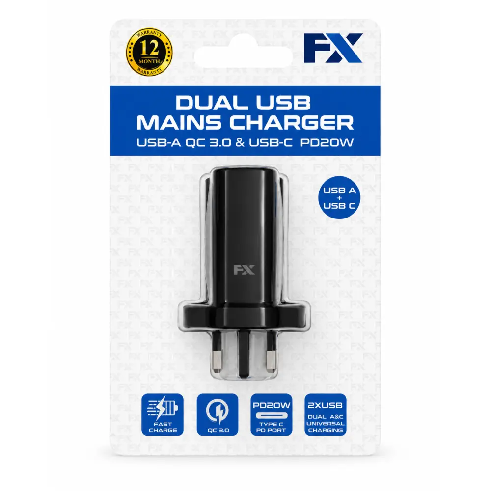 FX Dual USB Mains Charger 20W USB-A & USB-C PD Black in packaging with white background, showcasing its design and features.