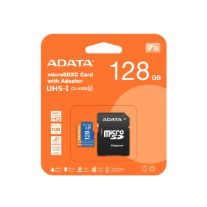 ADATA 128GB microSDXC UHS-I Class 10 Memory Card with SD adapter on an orange packaging background.