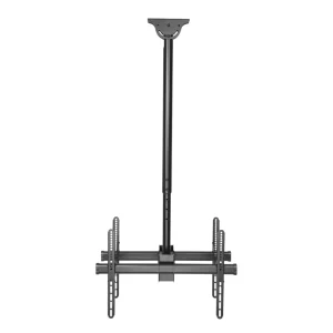 Ceiling adjustable TV mount for two screens, black metal design, showing mounting brackets and adjustable arm.