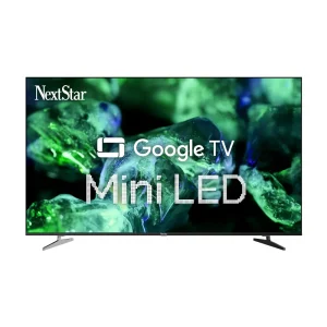 Next 65" 4K Ultra HD Google MiniLED TV displaying vibrant green and blue visuals with 'Google TV' logo on a sleek black fr...
