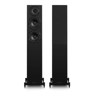 Wharfedale DIAMOND 12.3i Floorstanding Speakers in sleek black finish, showcasing front and side views against a plain bac...