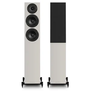 Wharfedale DIAMOND 12.3i Floorstanding Speakers in stone grey with three drivers, sleek design, and black top panel.