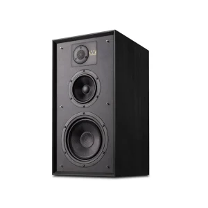 Wharfedale Linton Heritage 85 standmount speakers in black with dual woofers and tweeter, showcasing a sleek design.