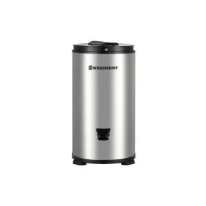 Westpoint 6kg Freestanding Spin Dryer in silver with a black lid and base, showcasing a sleek, modern design.