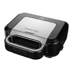 Russell Hobbs 3-in-1 Sandwich Maker with Non-Stick Plates in black and silver, featuring a sleek design and indicator lights.